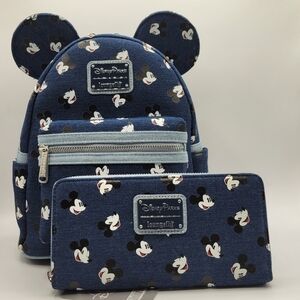 Loungefly Disney Mickey Face Denim Backpack & Wallet Bundle